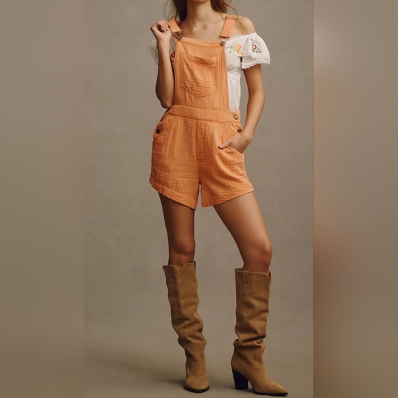 Pilcro Anthropologie Women's Gauze Micro Playsuit Overalls in Light Orange Peach - Picture 4 of 16